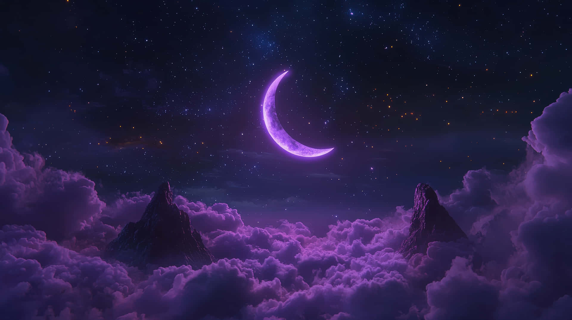 A Luminous Purple Crescent Moon Shines Above A Dreamy, Starry Night Sky, Surrounded By Misty Clouds Wallpaper