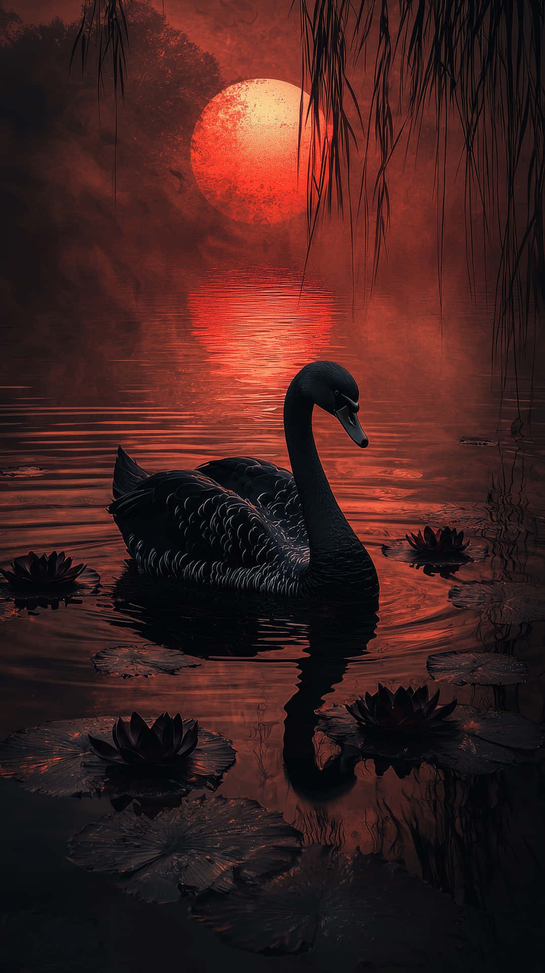 A Majestic Black Swan Drifts Through A Mysterious Lake With Dark Lotus Flower Wallpaper