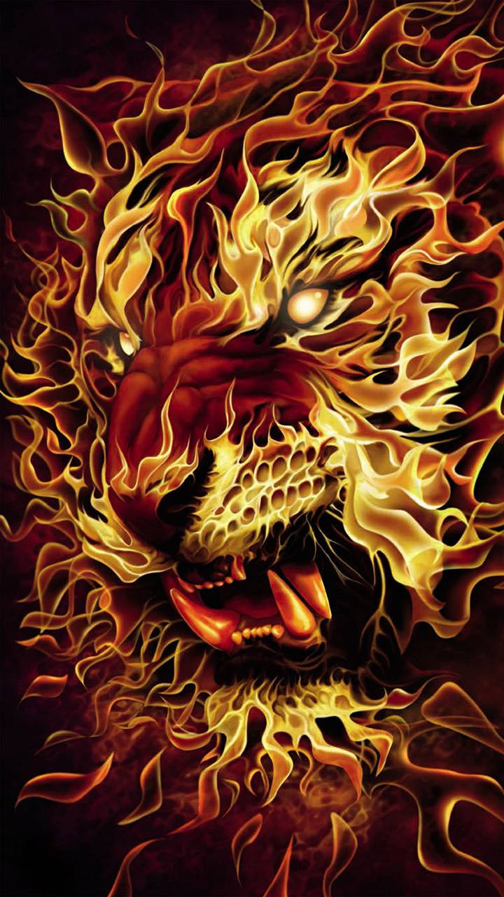A Majestic Fire Lion Roaring In The Night. Wallpaper