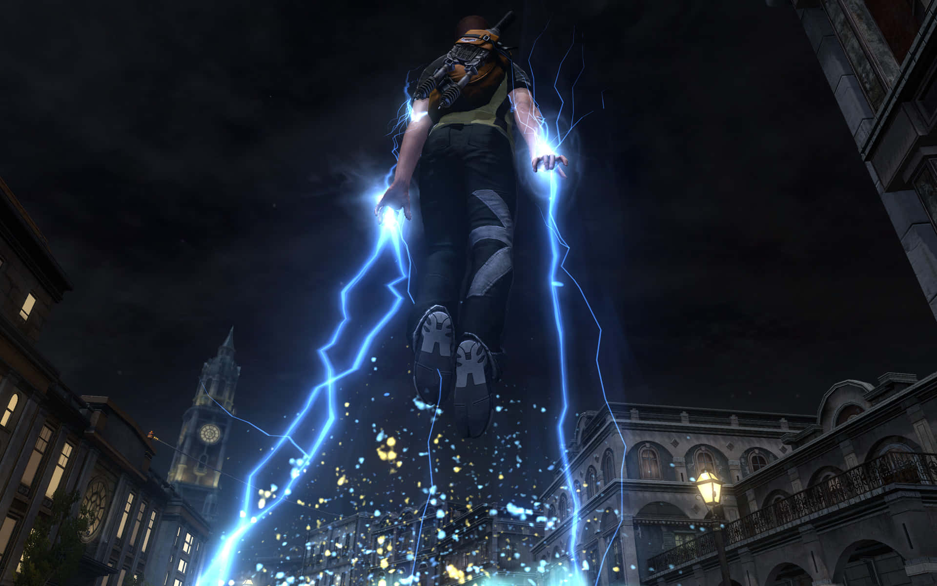 A Man Floating In The Air With Lightning Hands Wallpaper