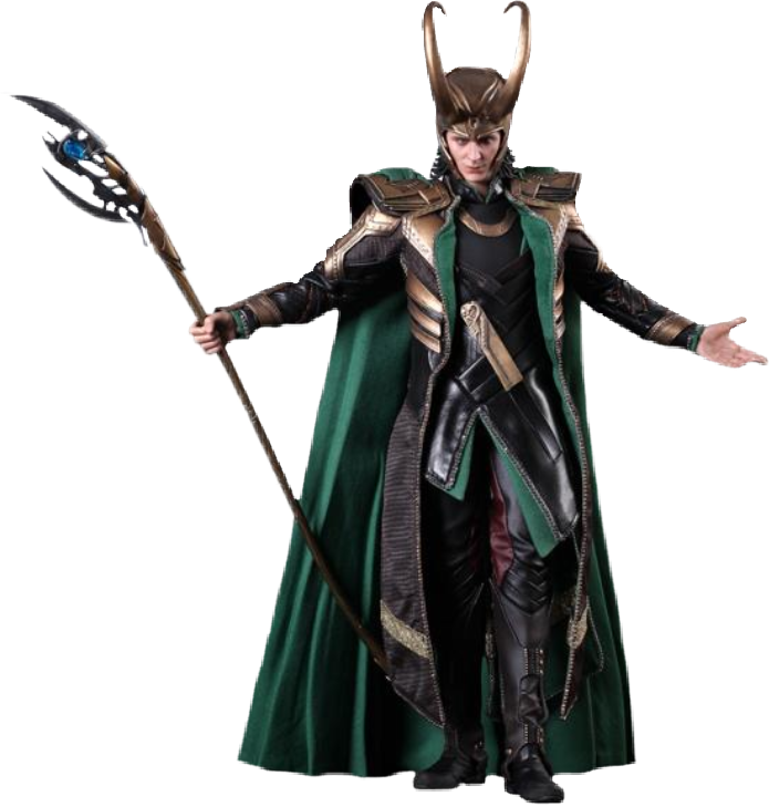Loki_with_ Scepter_ Full_ Body_ Pose PNG — A menacing Loki in green cape and horned helmet wields a staff against a stark black background.