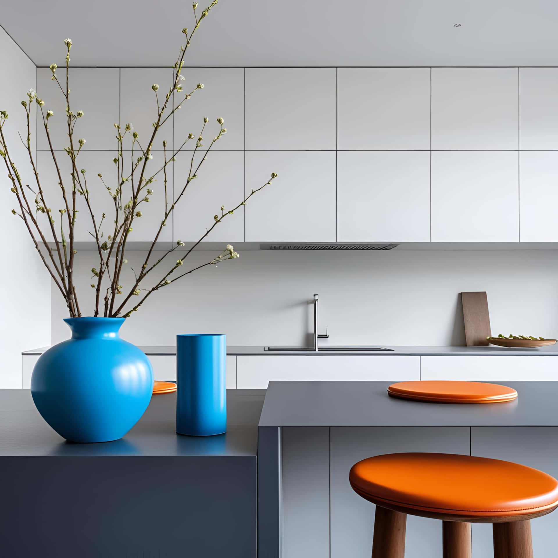 A Modern Kitchen With Blue Vases, Orange Stools, And White Cabinets In A Minimalist Design Style K Wallpaper