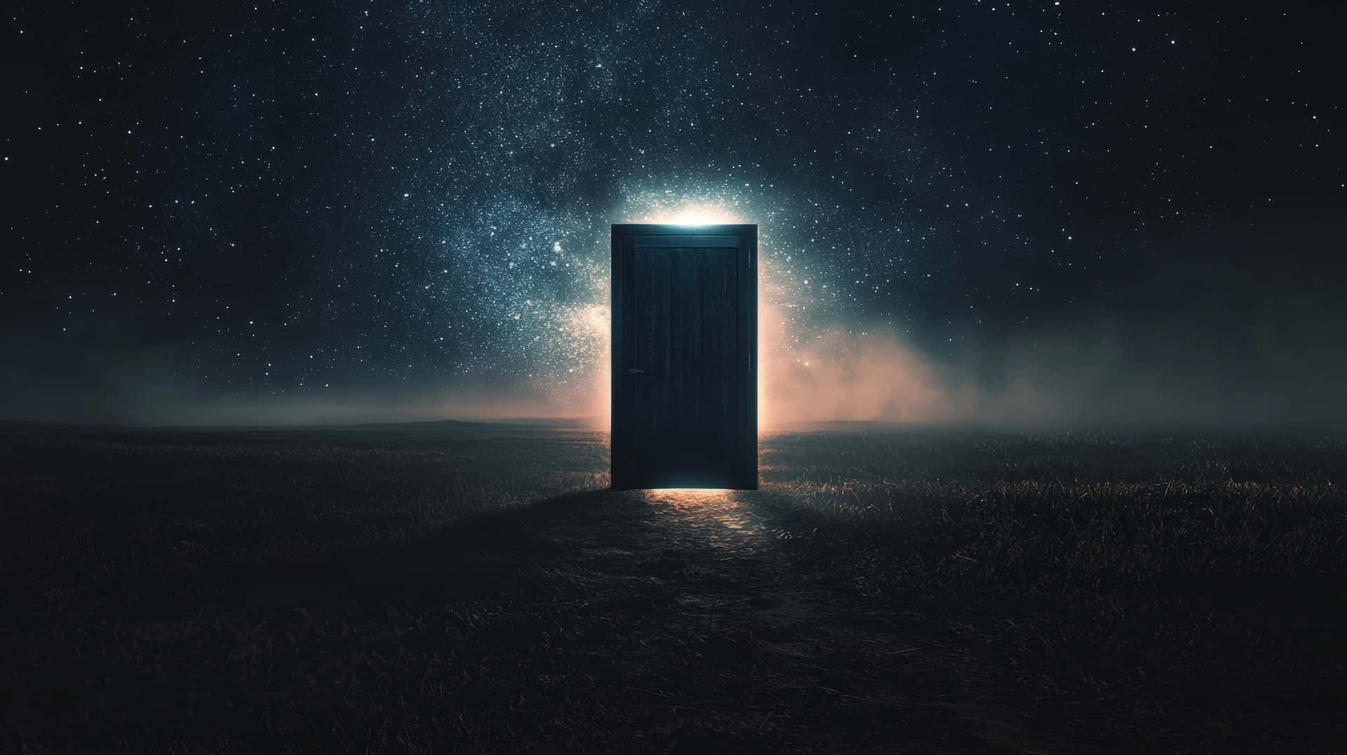 A Mysterious Glowing Door Stands Alone In A Dark Open Field Under A Starry Sky, Symbolizing Mystery Wallpaper