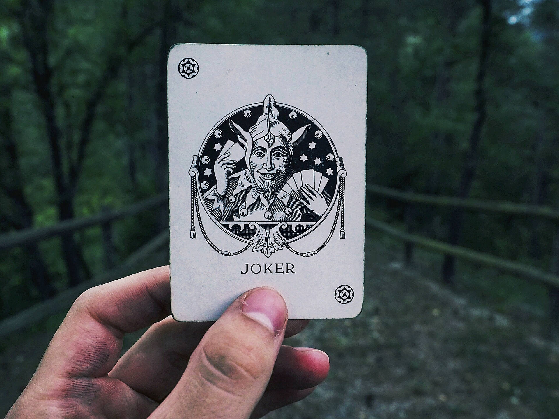 Hand holding a joker card in a blurred country road background. 