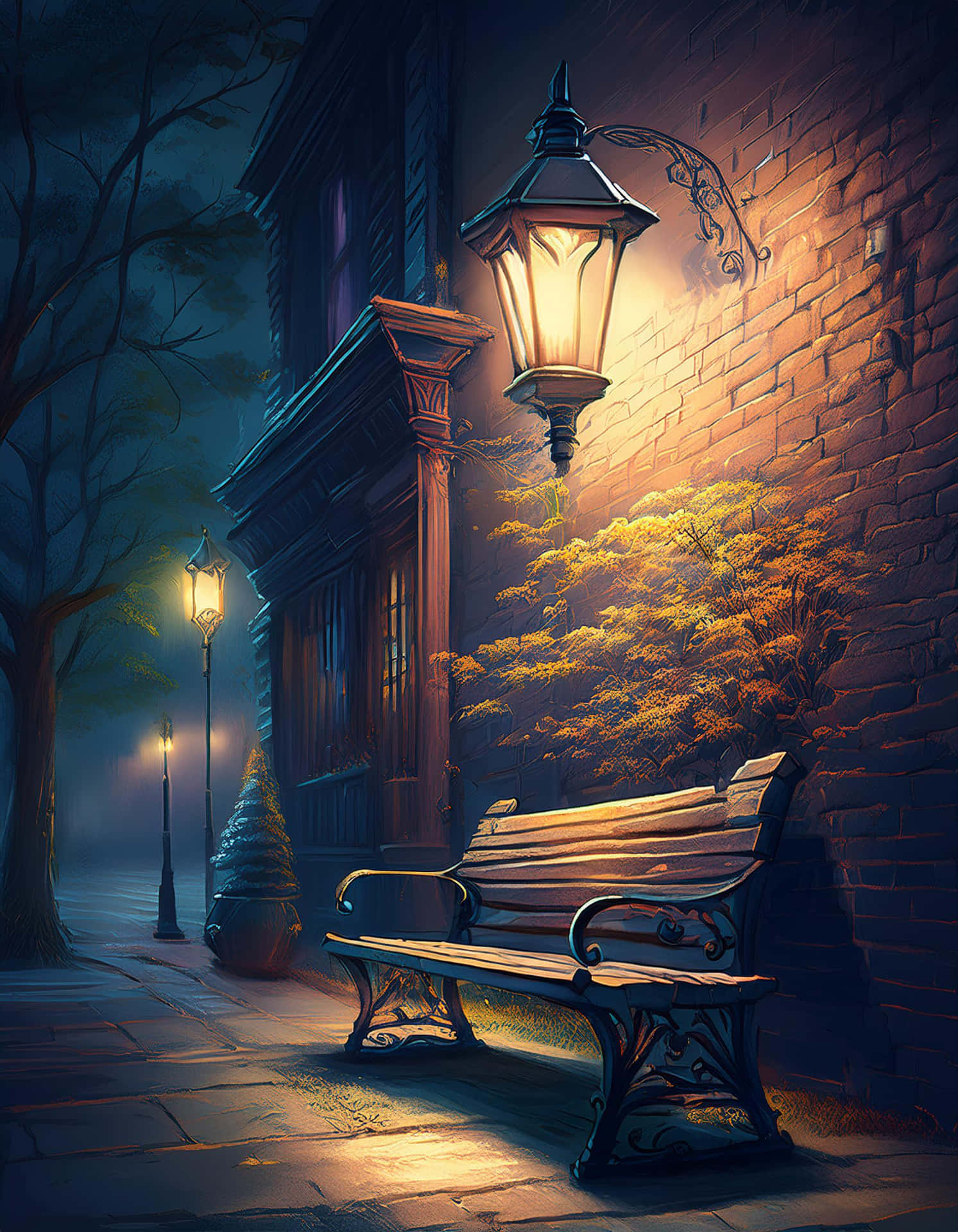 A Quiet Bench Under The Street Lights At Night Wallpaper