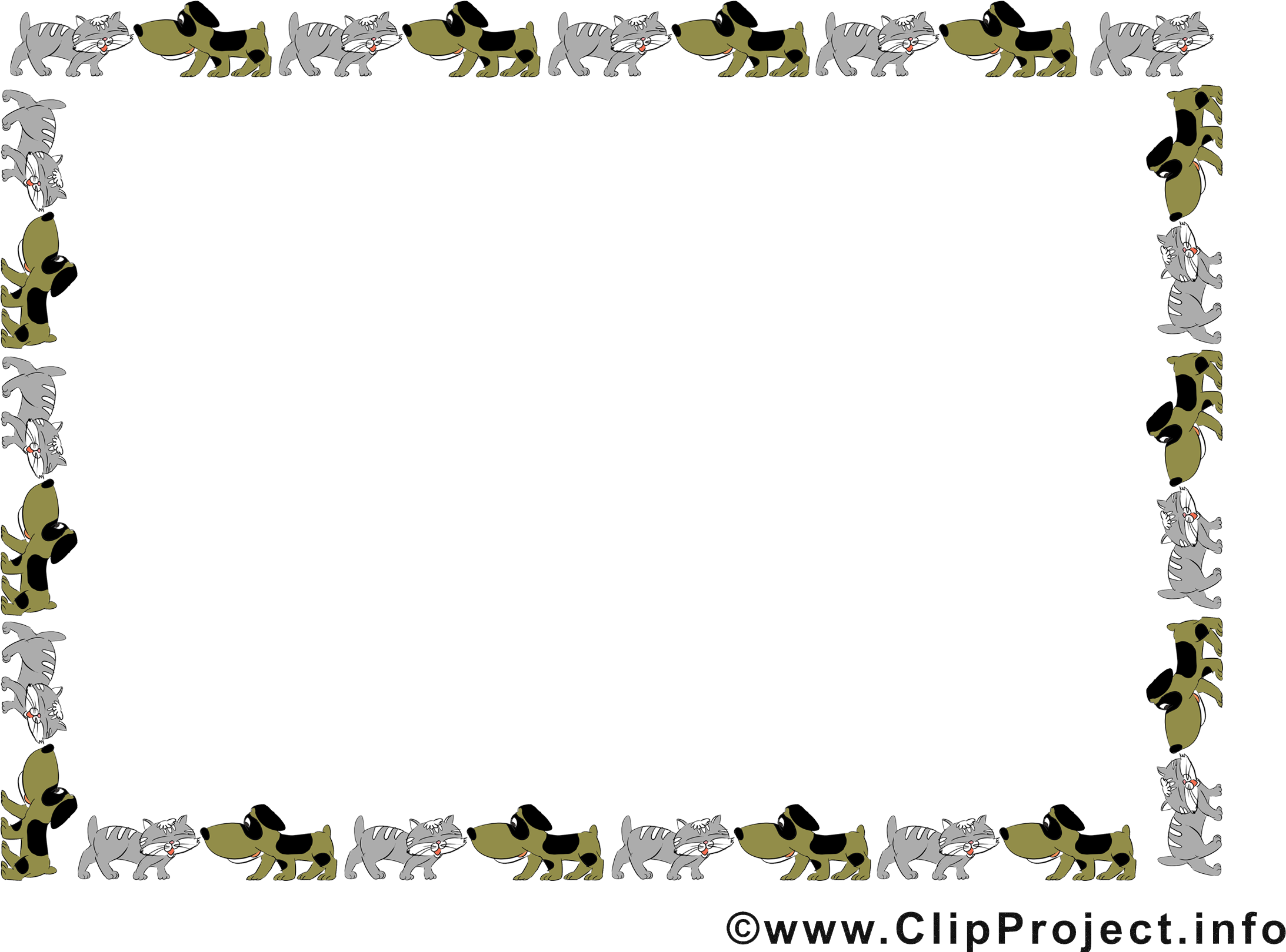 Cartoon Dog Cat Frame PNG — A black background framed by repeating cartoon cats and dogs in gray and olive green.