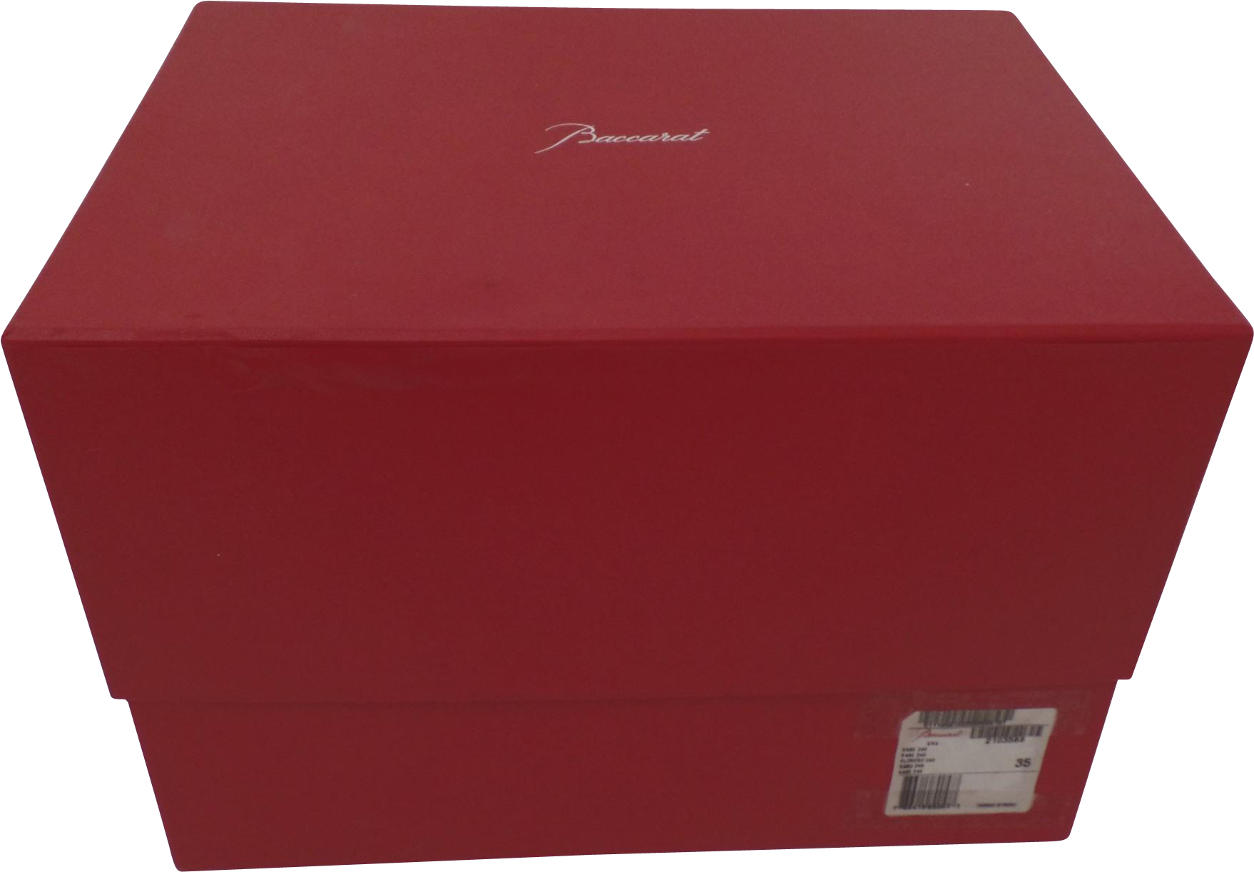 Baccarat Red Box Packaging PNG — A sleek matte red Baccarat box with a white logo and barcode label against a black background.
