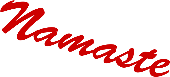 Red Namaste Word Art PNG — Bold red cursive text spelling Namaste diagonally across a stark black background.