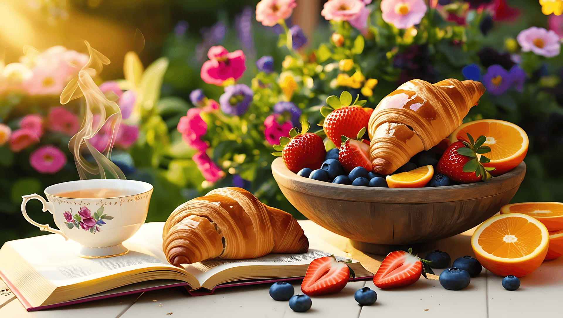 A Serene Morning Scene With Steaming Tea In A Floral Cup On An Open Book, Croissants, Strawberries, Wallpaper