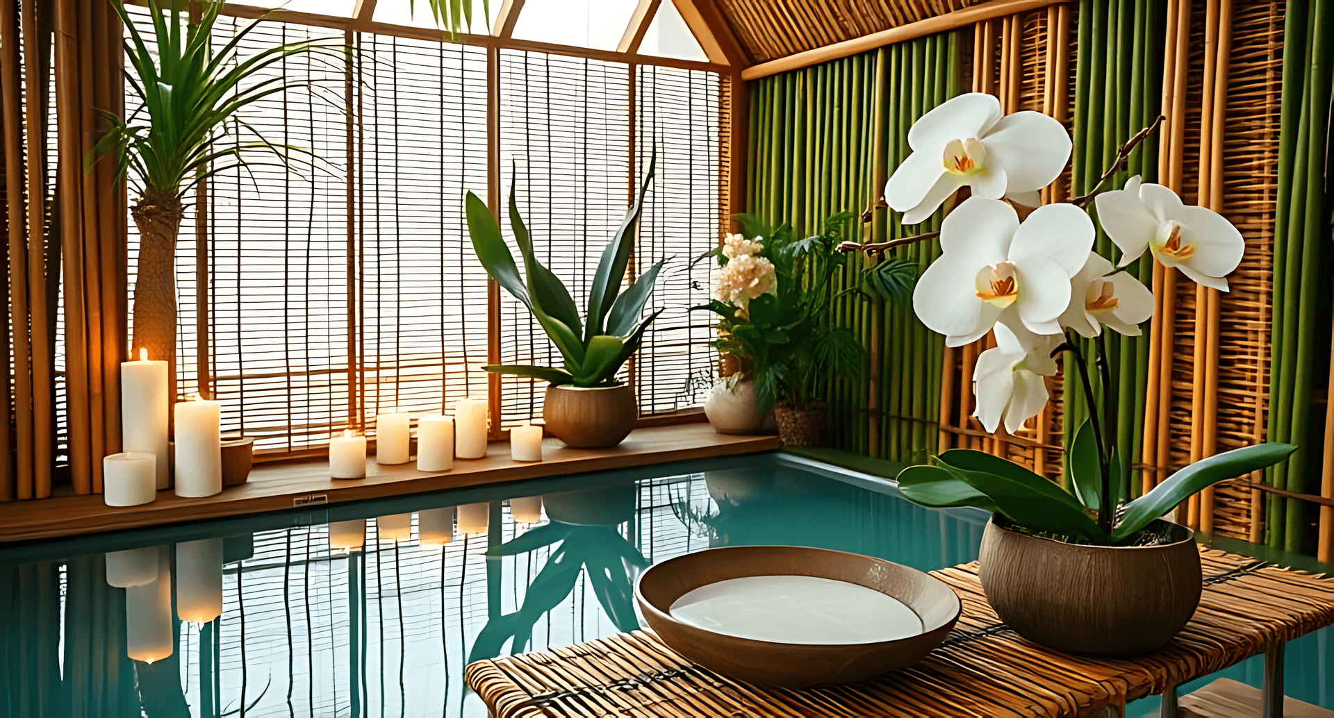 A Serene Spa Setting Featuring A Tranquil Pool, White Orchids, Candles, And Lush Greenery, Creating Wallpaper