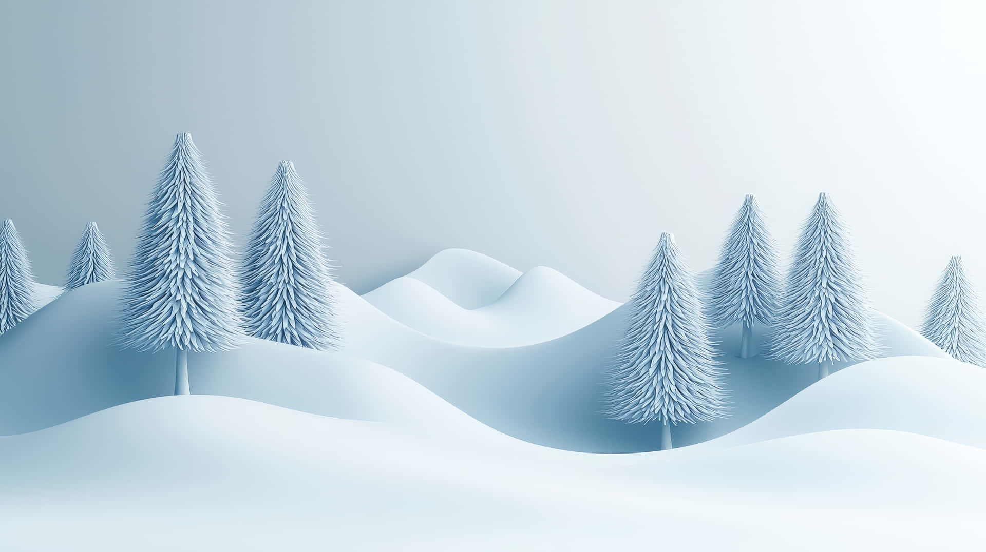 A Serene Winter Landscape With Soft Snow-covered Hills And Stylized Pine Trees Wallpaper