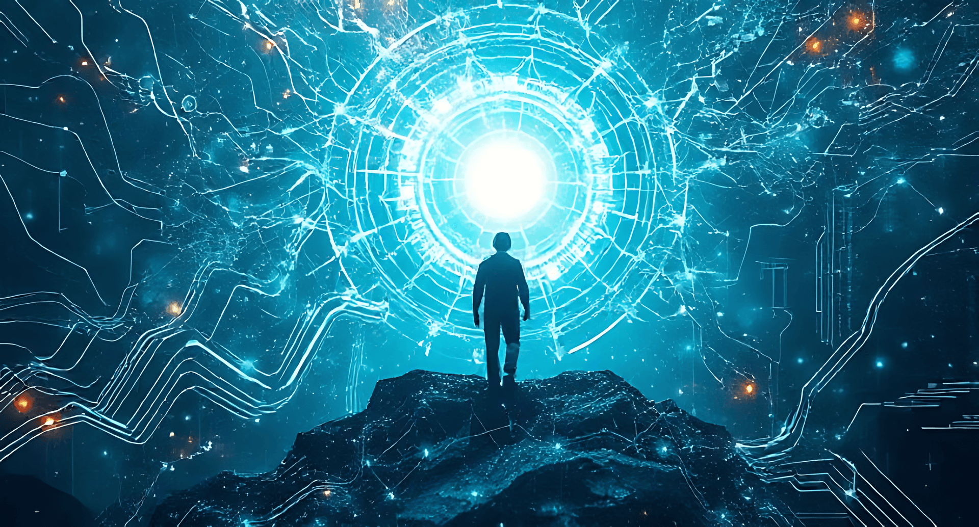 A Silhouette Of A Person Stands On A Rocky Surface, Facing A Glowing, Intricate Portal Against A Cos Wallpaper