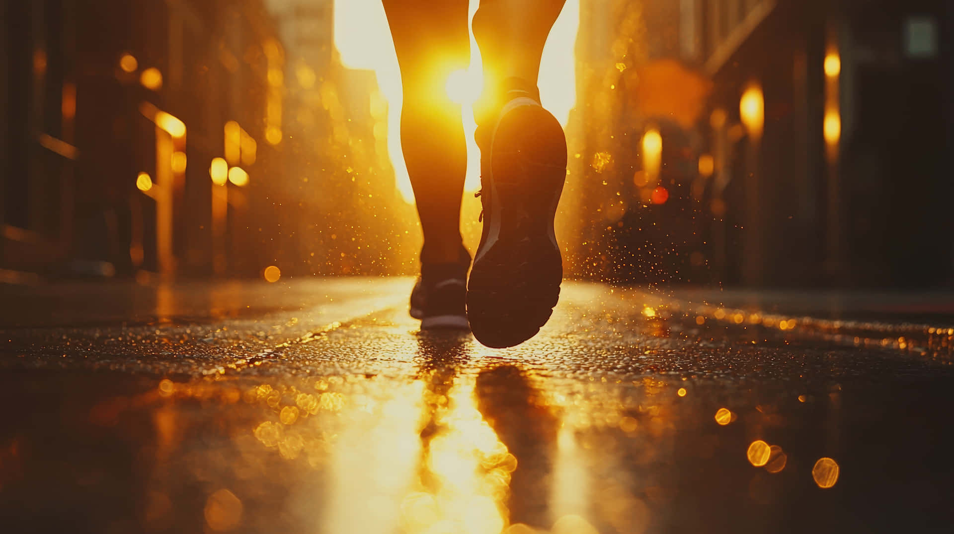A Silhouette Of A Runner Moves Through A Glowing Sunrise On Wet City Streets Wallpaper
