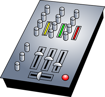Audio Mixer Panel Illustration PNG — A sleek silver audio mixer with glowing colored faders and knobs angled against a black background.