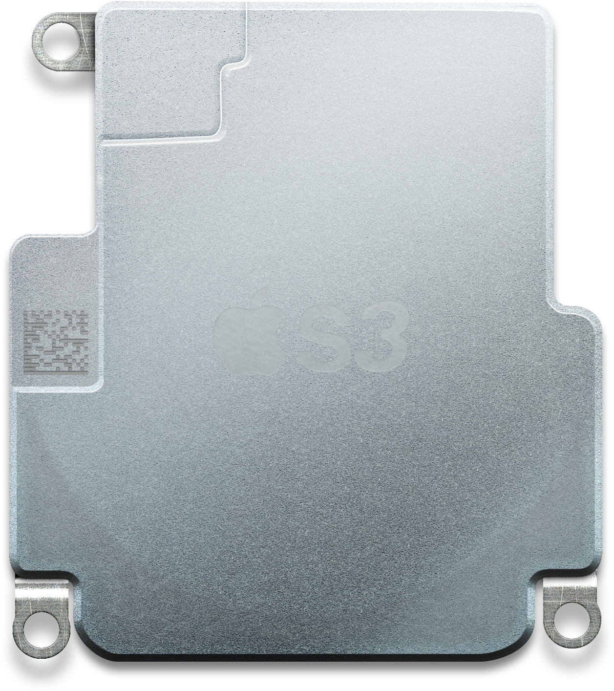 Apple S3 Chip Top View PNG — Close-up of a silver Apple A13 Bionic chip with embossed logo and QR code on a black background.