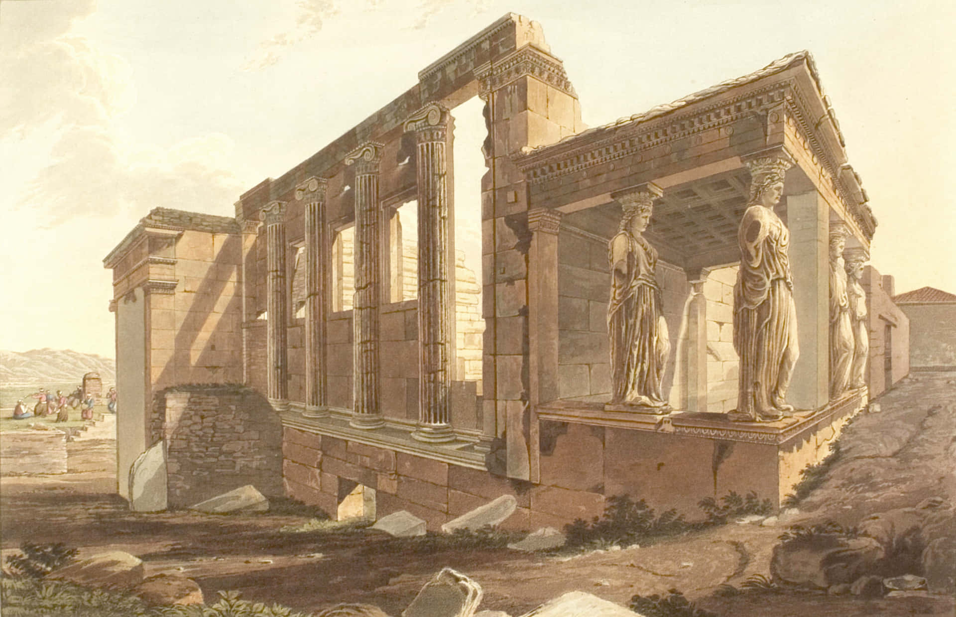 A Sketch Of The Erechtheion In The Ancient Times Wallpaper