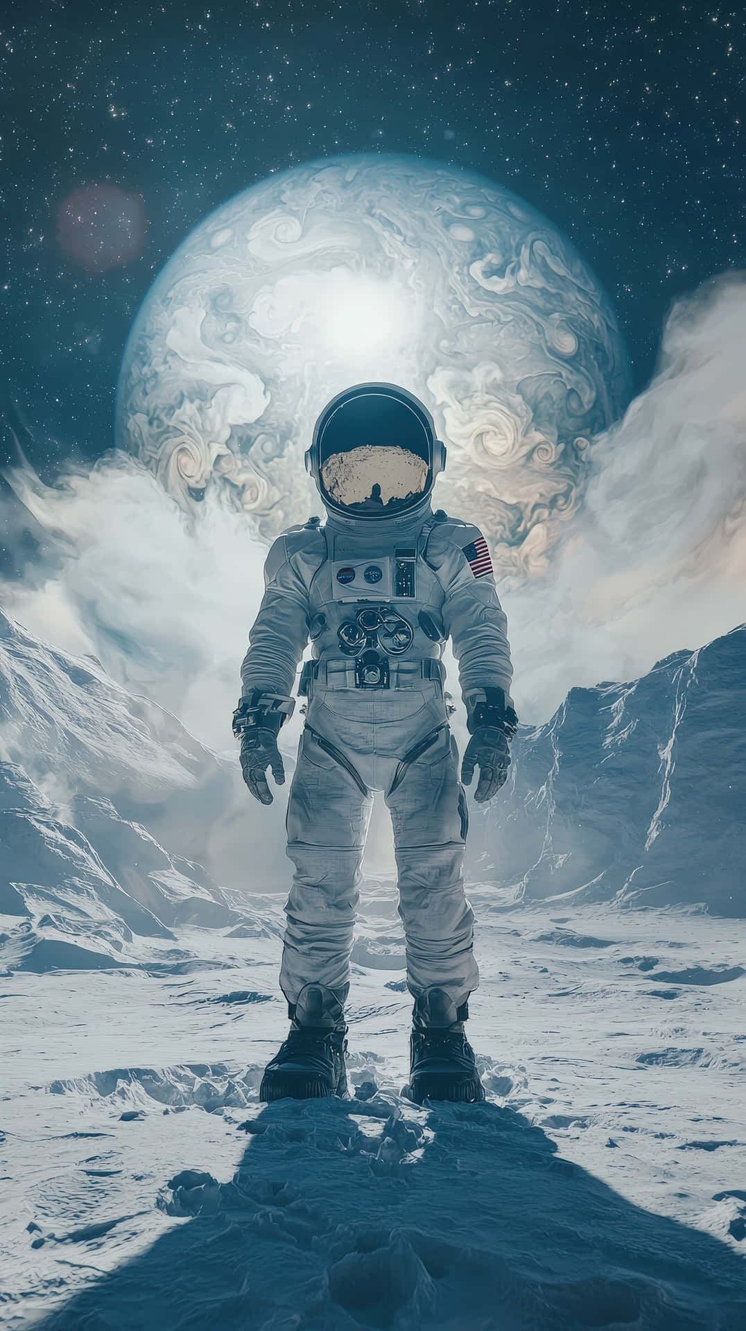 A Solitary Astronaut In A Futuristic Spacesuit Stands On A Frozen Alien Landscape With Towering Ice Wallpaper