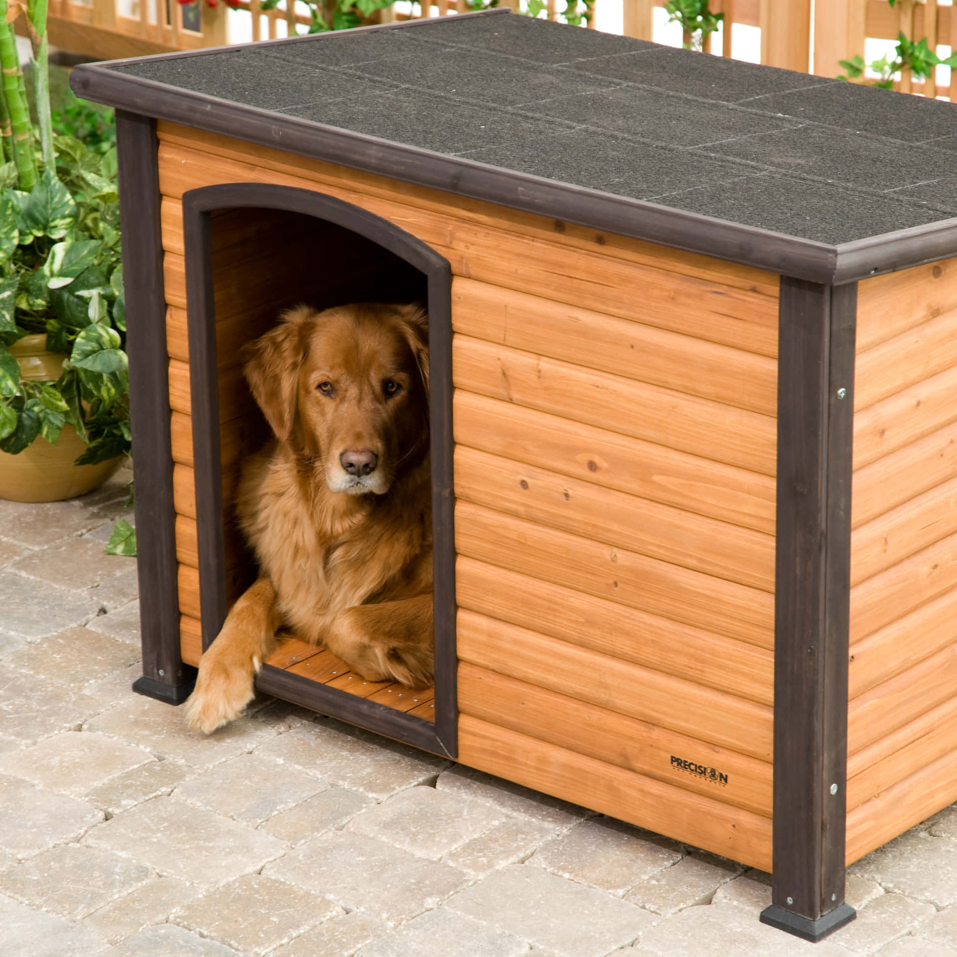 A Sophisticated Wooden Dog House In An Outdoor Setting Wallpaper