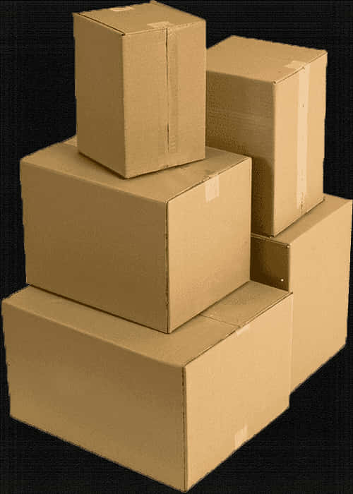 Stacked Cardboard Boxes Dark Background PNG — Stacked brown cardboard boxes arranged in a staggered pyramid against a black background.