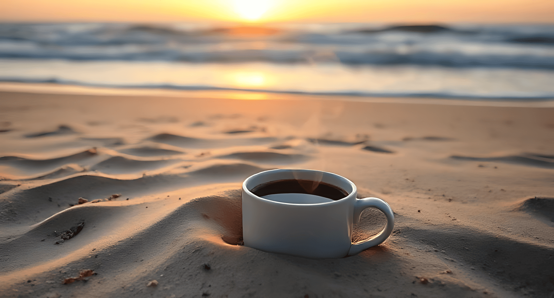 A Steaming Cup Of Coffee Rests In The Sand On A Tranquil Beach At Sunrise. Gentle Waves And A Glowin Wallpaper