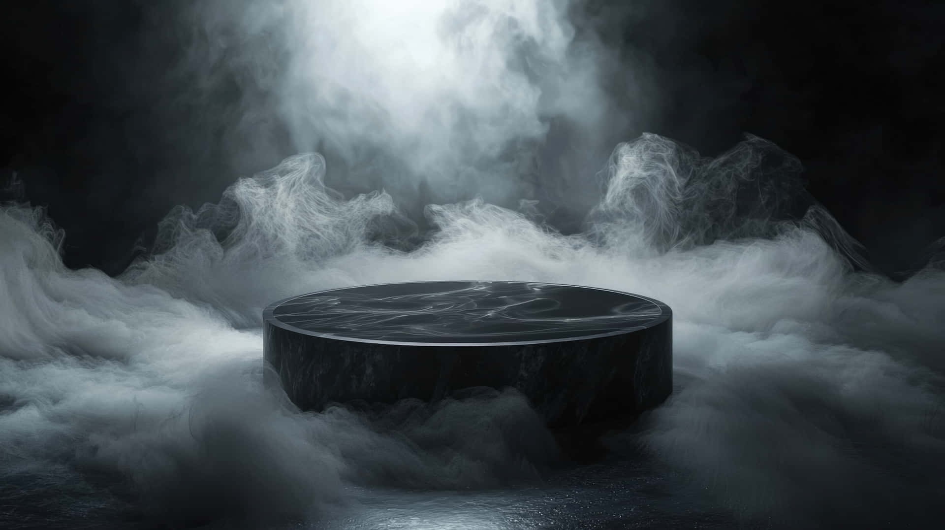 A Surreal Floating Black Platform Surrounded By Dense Mist And Glowing Light, Evoking Mystery Wallpaper