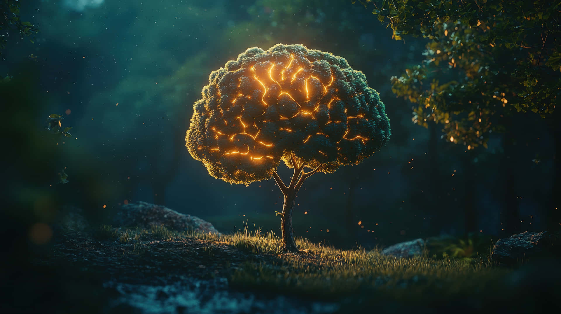 A Surreal Tree Shaped Like A Glowing Brain, Illuminated From Within, Standing In A Mystical Forest Wallpaper