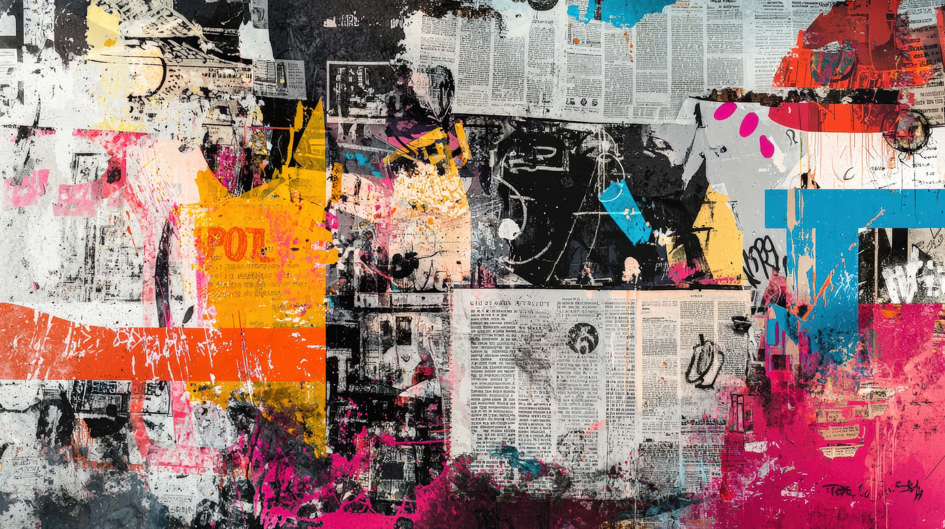A Vibrant Abstract Artwork Combining Graffiti Elements With Newspaper Clippings, Ancolorful Splashes Wallpaper