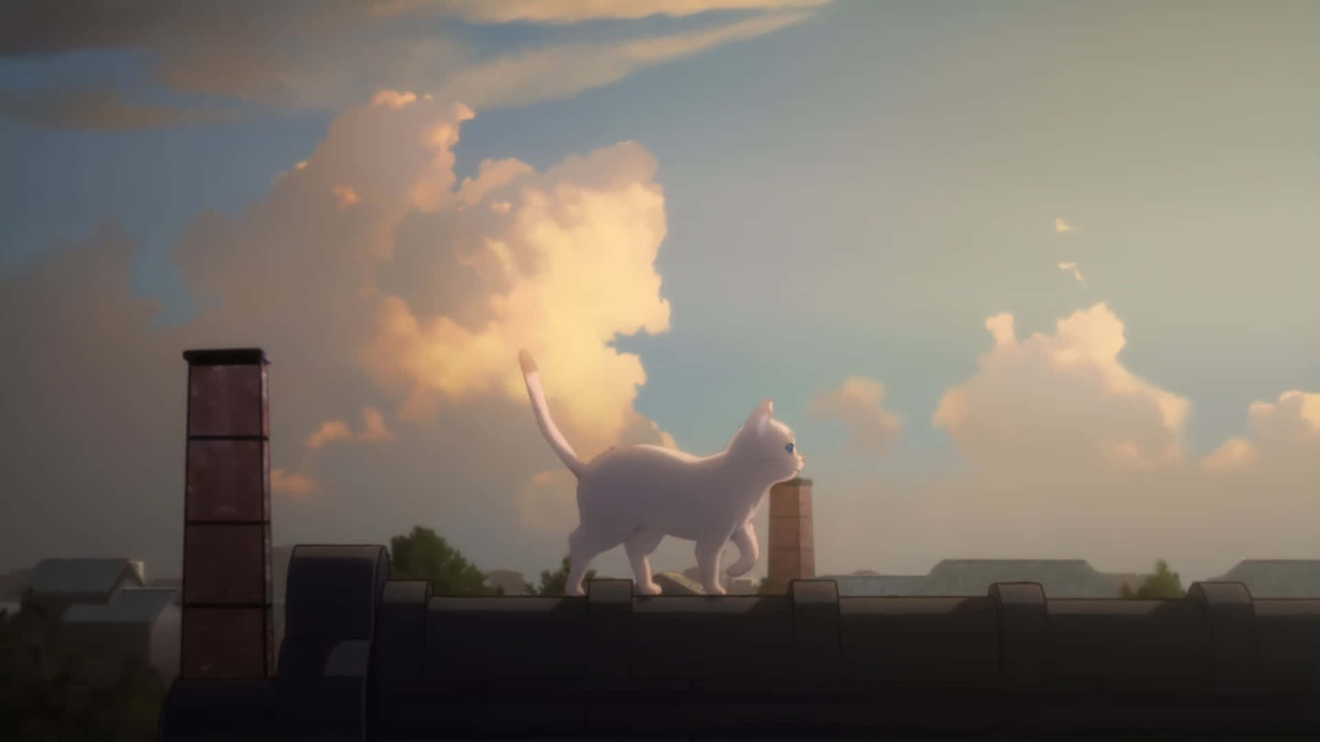 A White Cat Standing On A Roof With Clouds In The Background