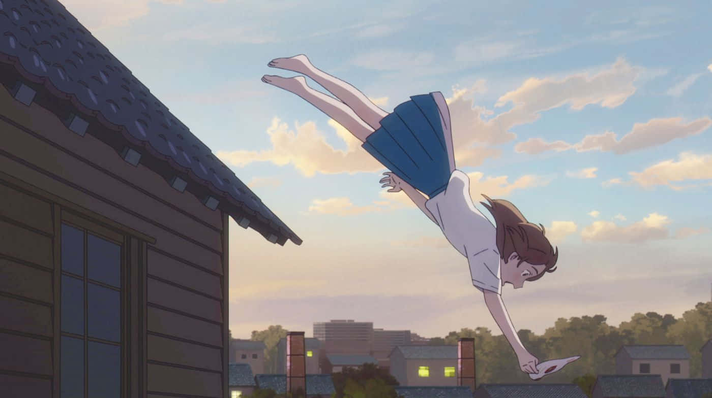 A Girl Is Flying Over A House In An Anime