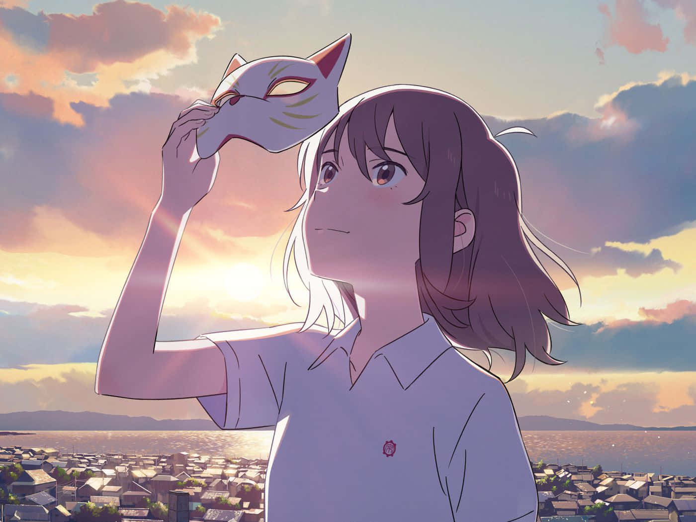 A Girl Holding A Mask In Front Of A City