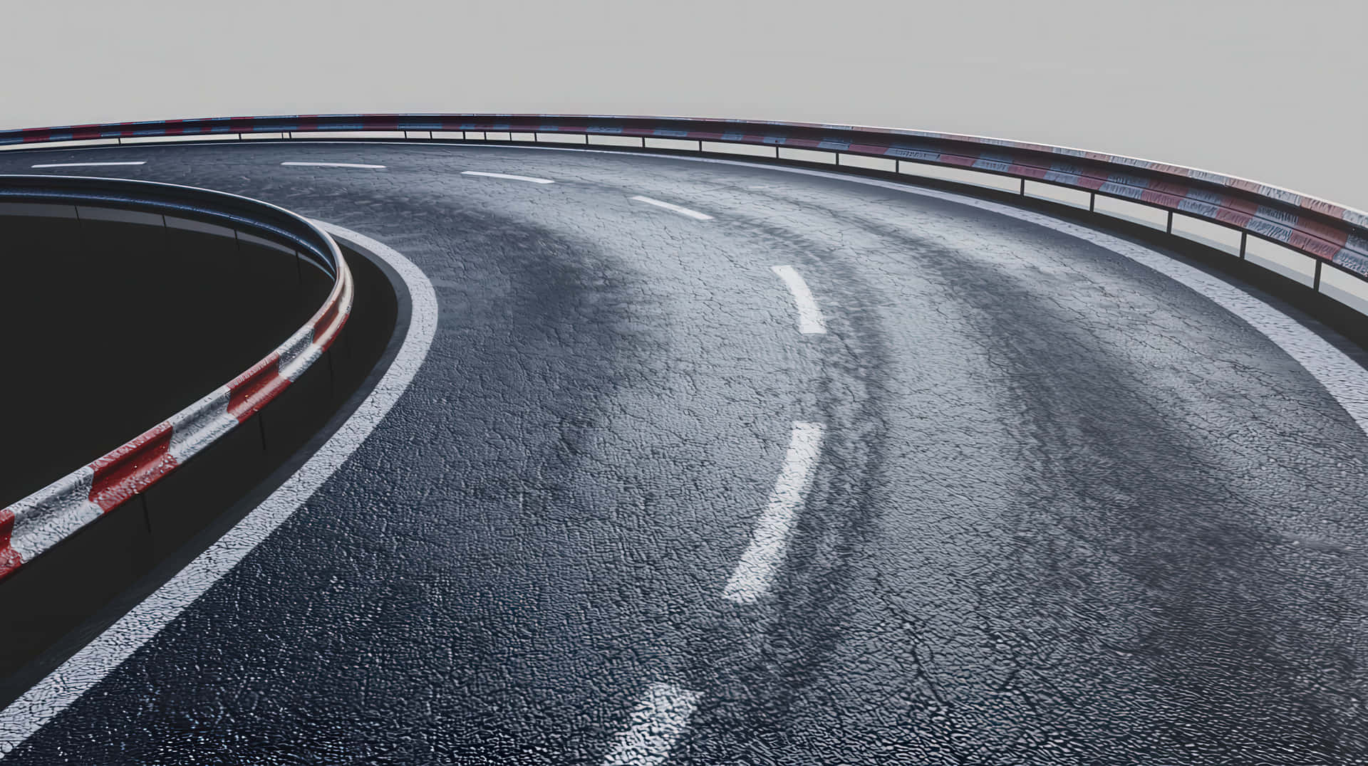A Winding Asphalt Road With A Sharp Curve, Featuring Red And White Safety Barriers Wallpaper