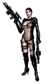A Woman In A Black Outfit Holding A Gun PNG