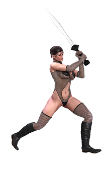 A Woman In A Bodysuit Holding A Sword PNG