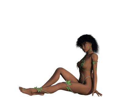 A Woman In A Bodysuit With Leaves On Her Body PNG