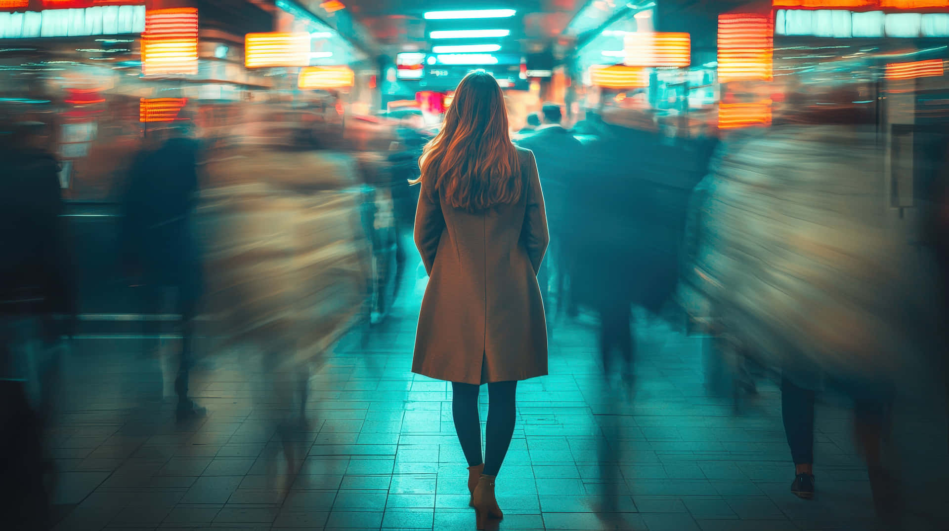 A Woman In A Coat Walks Through A Busy City With Blurred Figures Around Her Wallpaper