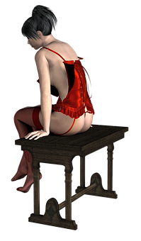 A Woman In A Red Lingerie Sitting On A Table PNG