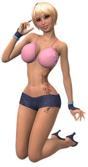 A Woman Wearing A Pink Garment And Blue Shorts PNG