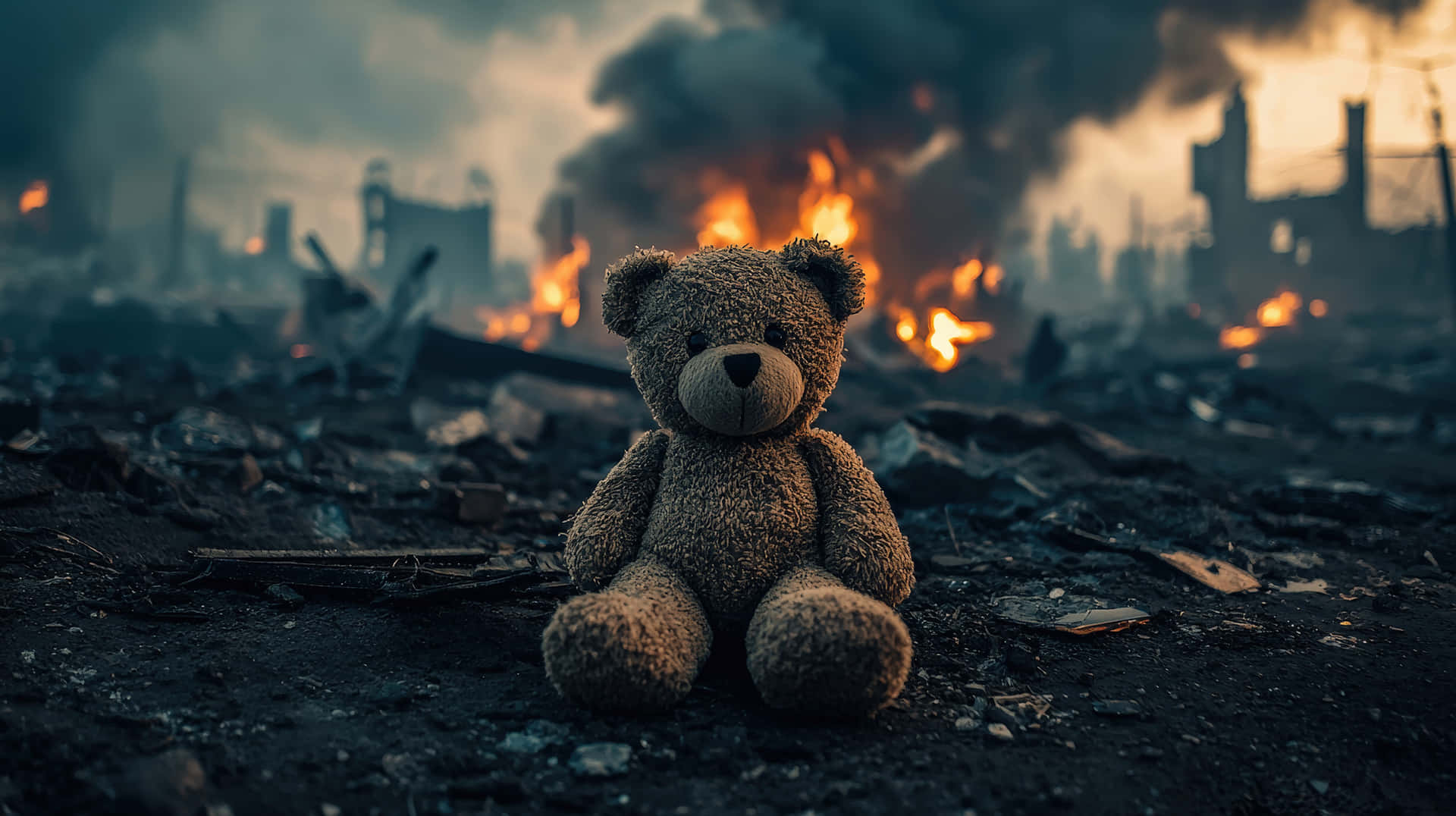 A Worn-out Teddy Bear Sits Amid Rubble And Burning Debris, Symbolizing Loss, War And Devastation Wallpaper