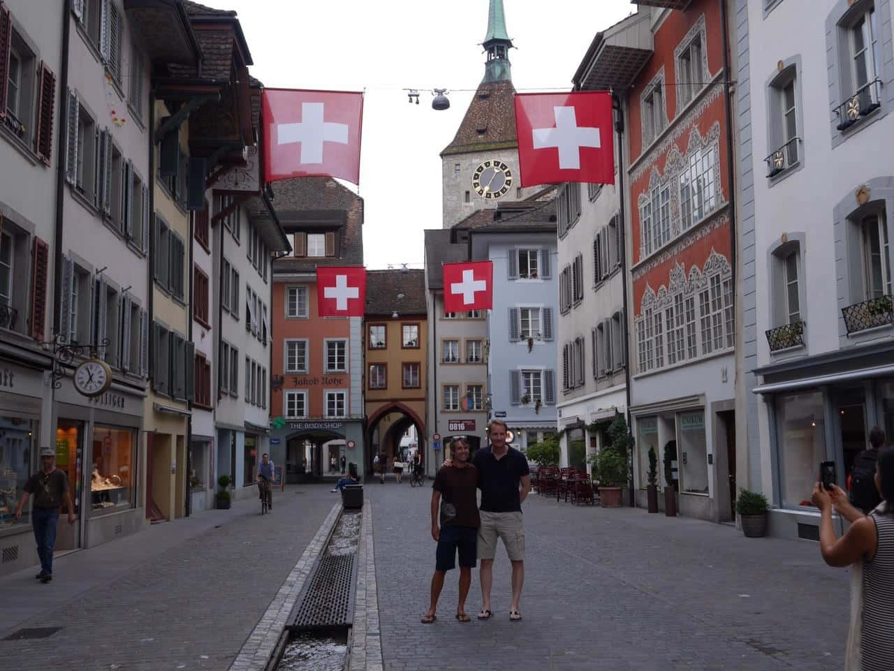 Aarau Zwitserland Straatscène Met Vlaggen Achtergrond