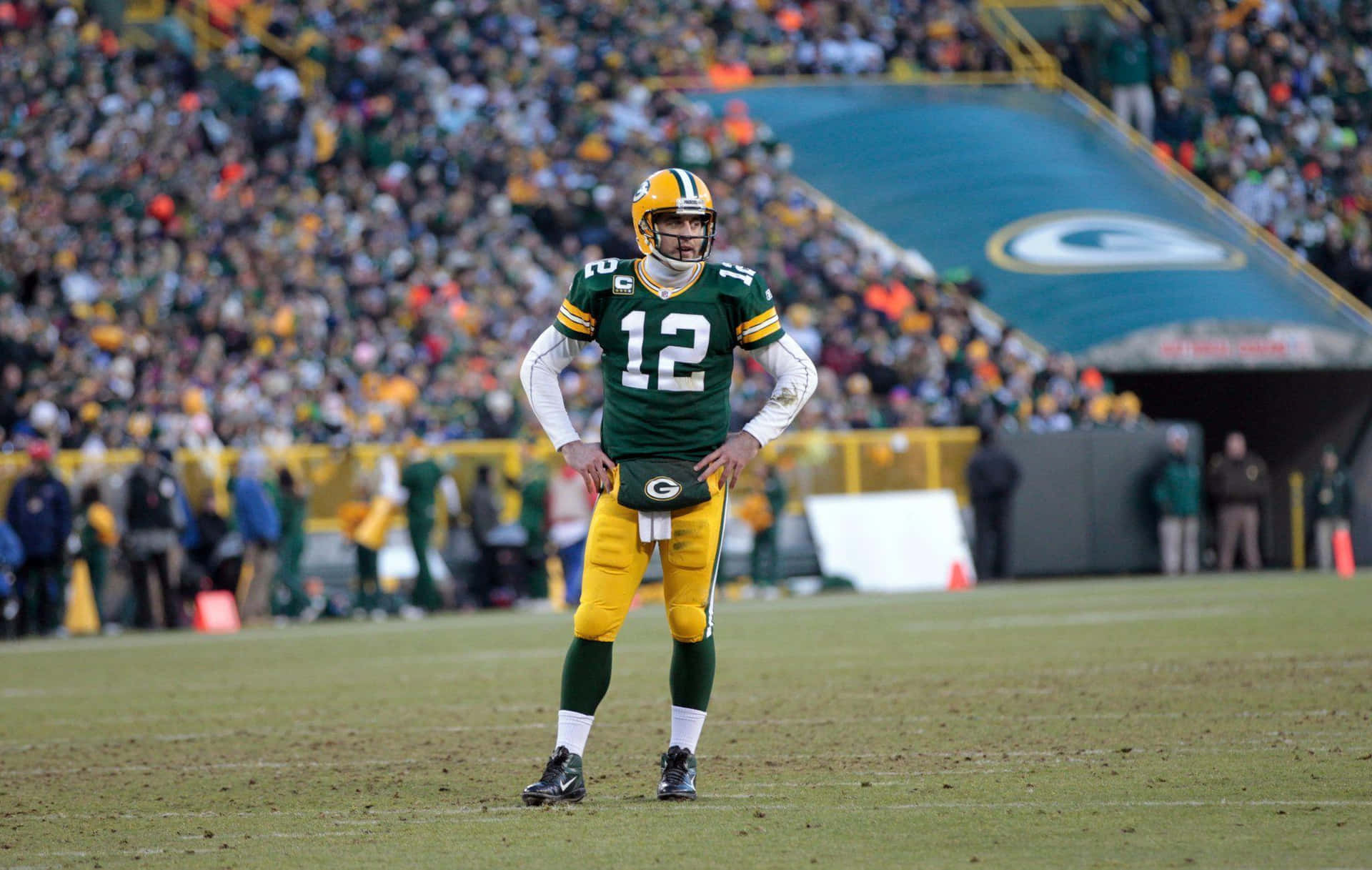 A side-profile of Aaron Rodgers, quarterback of the Green Bay Packers