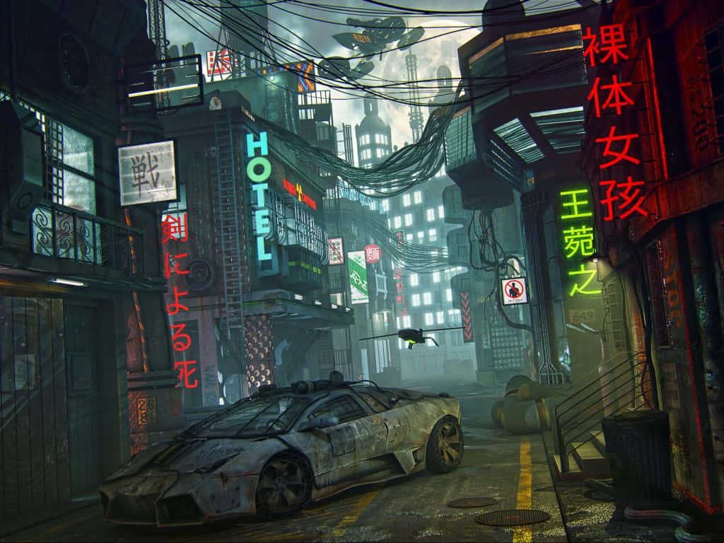 Abandoned Car In City Tokyo Anime Background