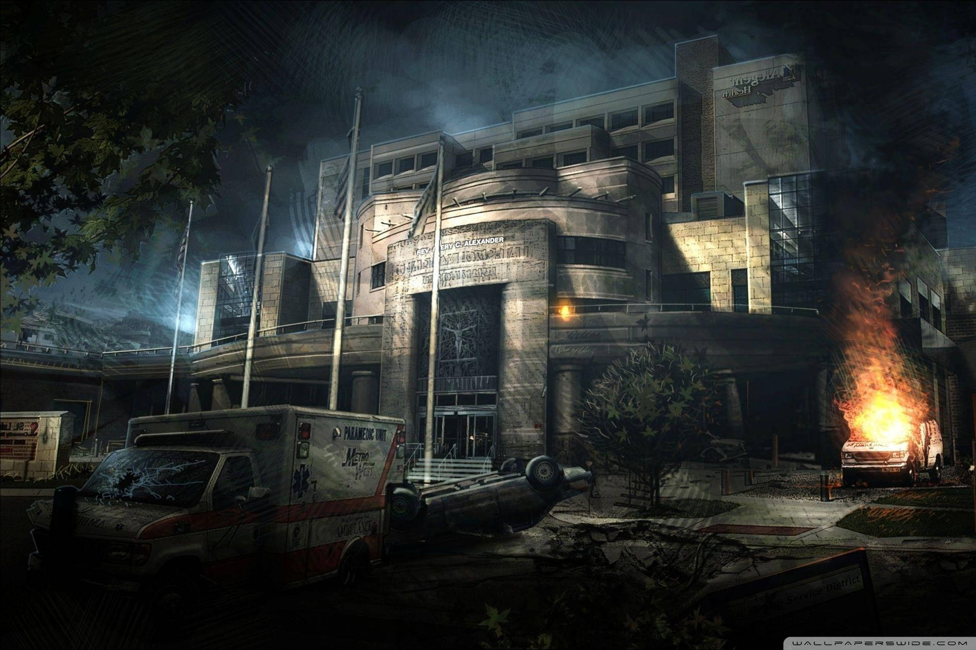 Exteriordel Hospital Abandonado En El Apocalipsis Fondo de pantalla