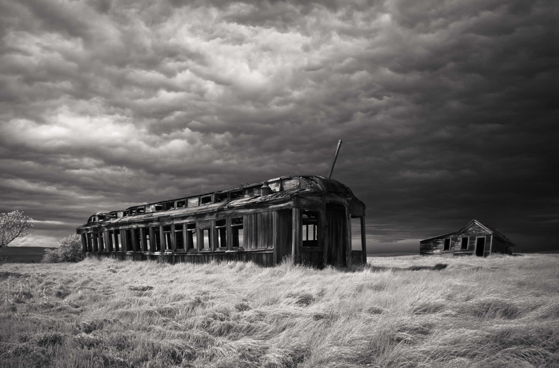 Wagon De Train Abandonné Dans Un Champ Fond d'écran