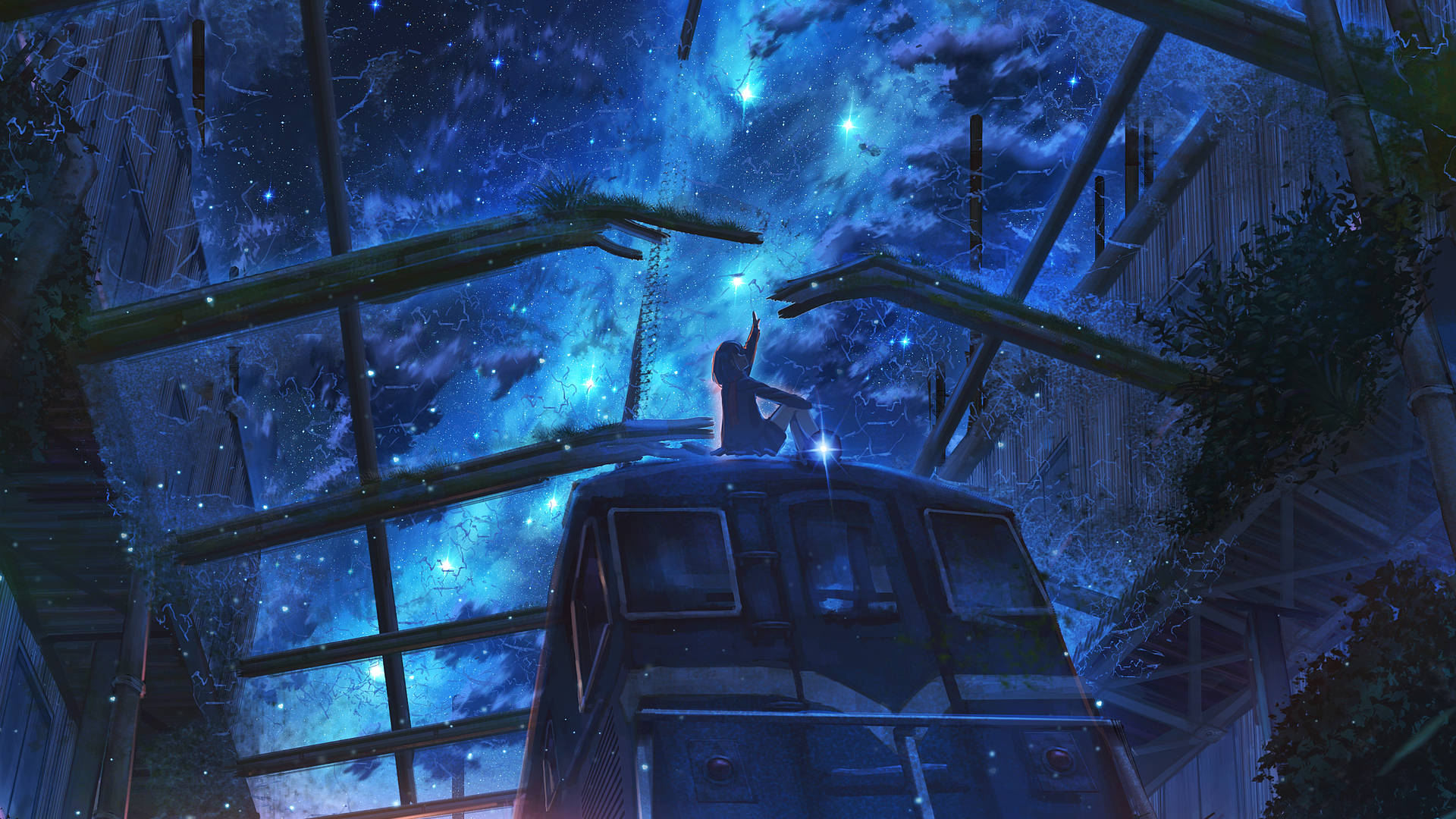 Abandoned Train Station Anime Night Sky Wallpaper