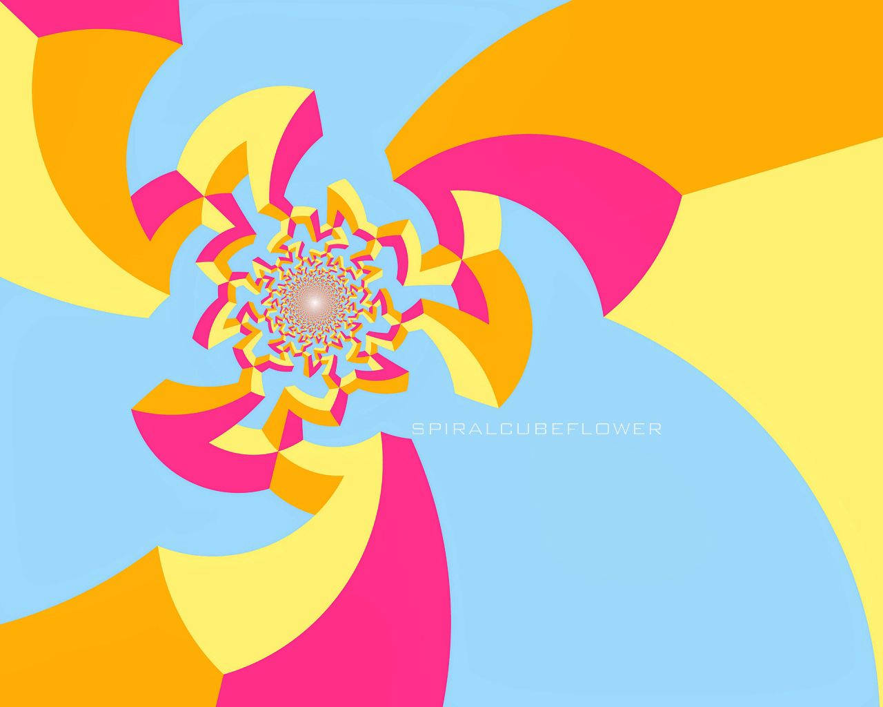 Harmonious beauty of yellow and pink Wallpaper — A vibrant abstract spiral pattern radiates from a central point with bold pink yellow and orange geometric shapes against a soft blue background.