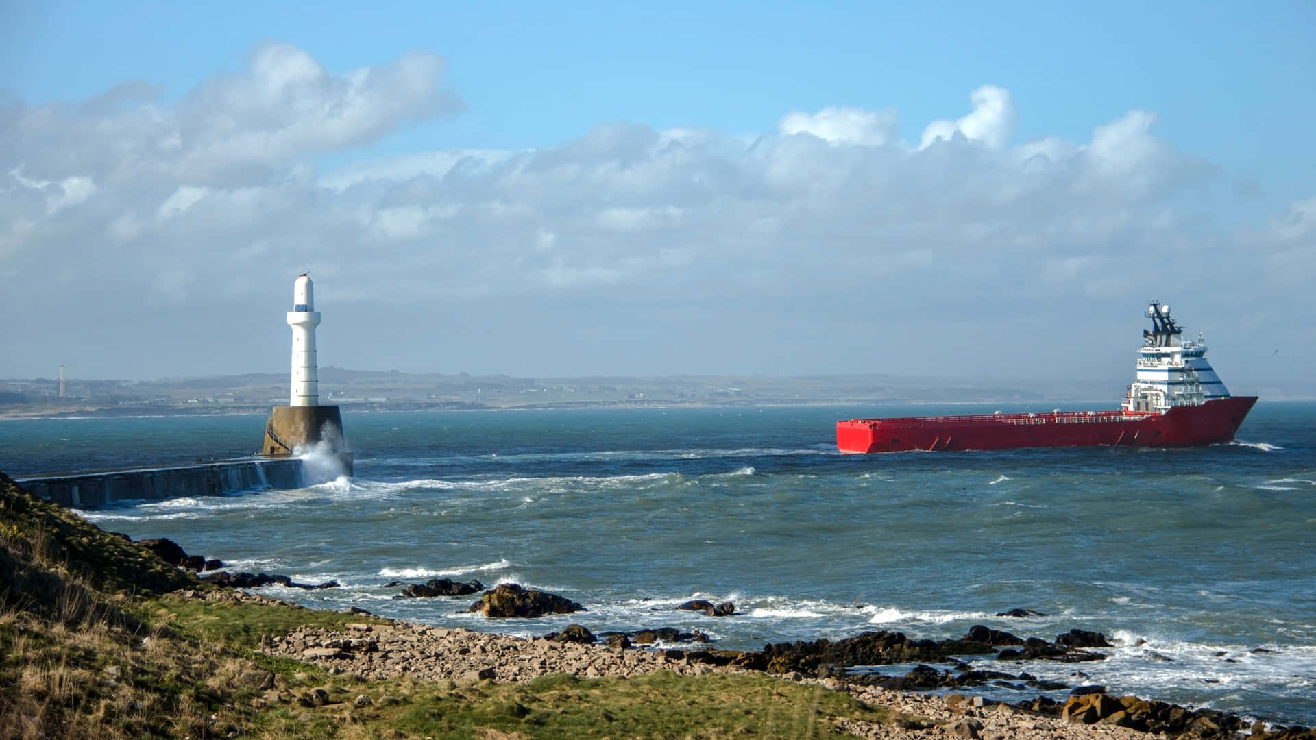 Aberdeen Coastline Lighthouseand Ship Wallpaper