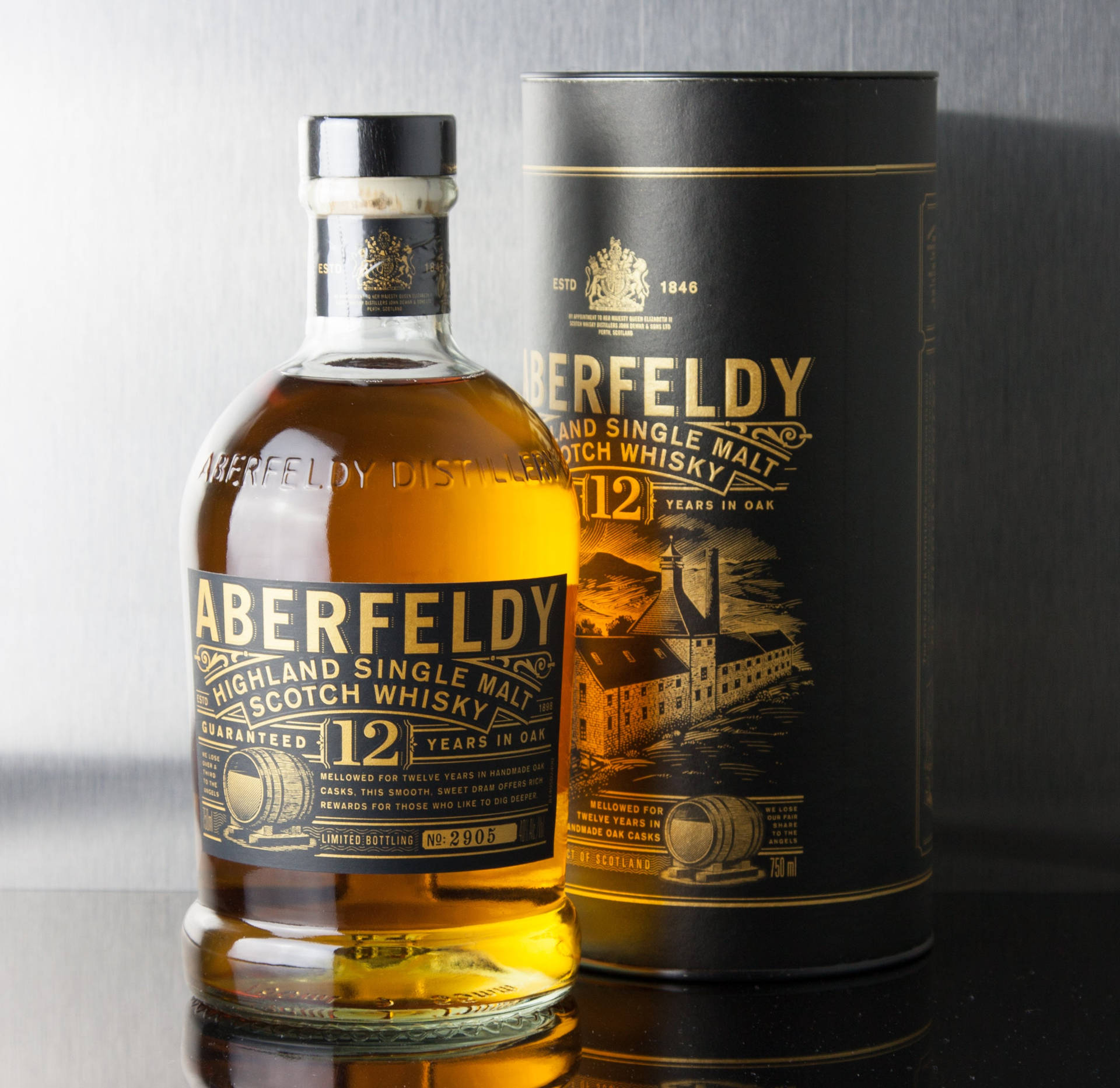 A golden-hued bottle of Aberfeldy Single Malt Scotch Whisky Wallpaper