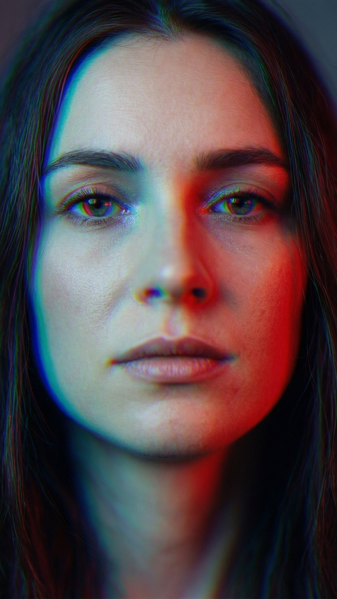 Chromatic aberration overlay on a portrait, creating a surreal look