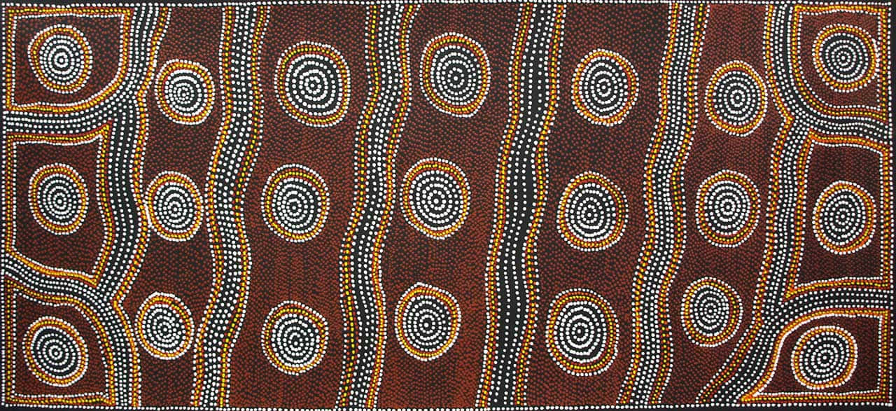 A Red And Brown Aboriginal Painting With Circles
