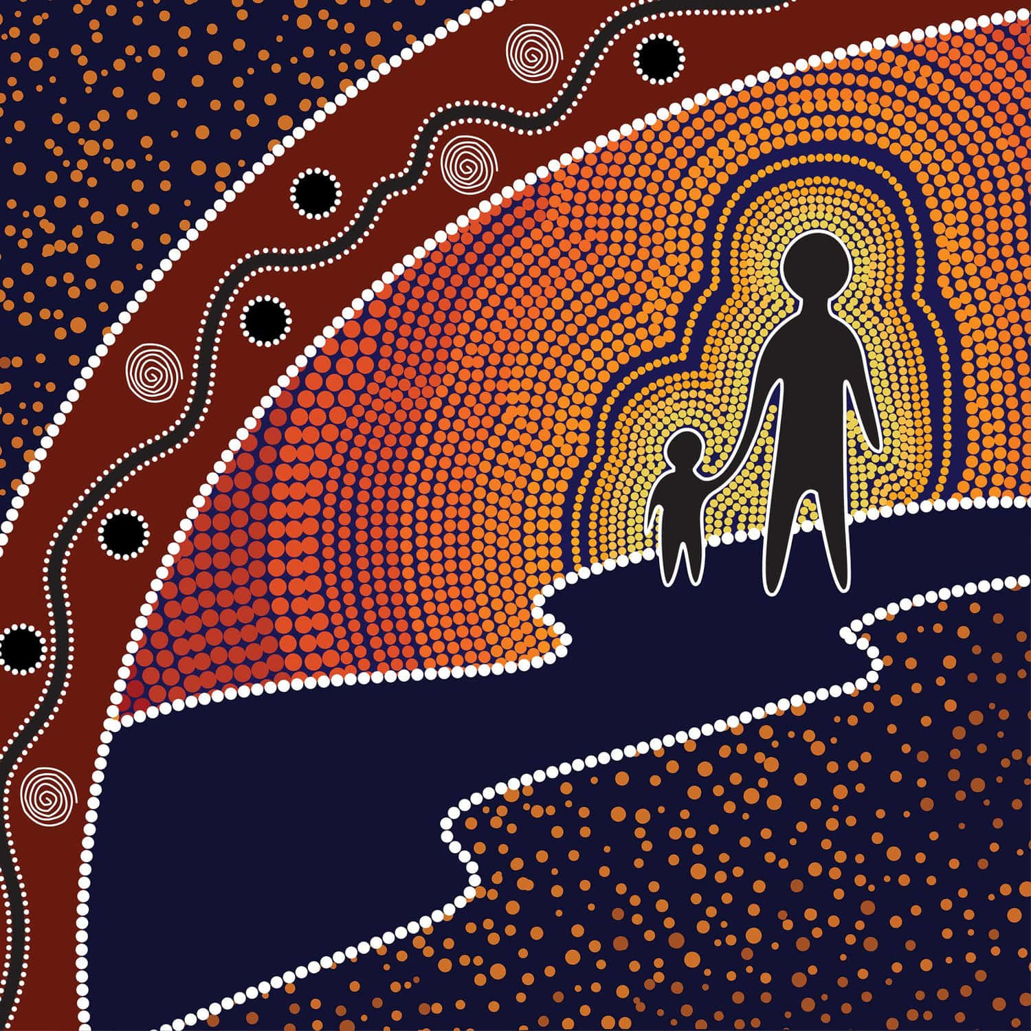An Aboriginal Woman And Child Walking In The Desert